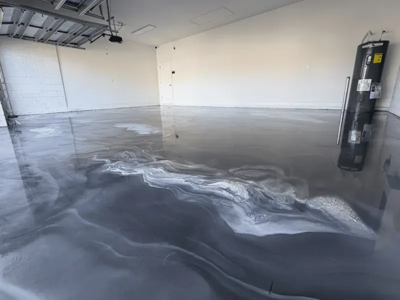 The same Palm Bay garage floor after the industrial-grade flake system was installed